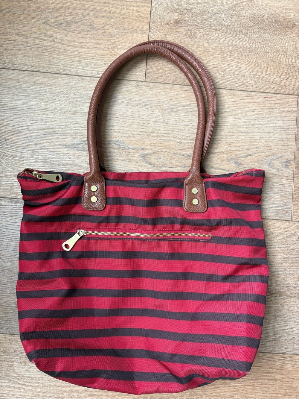Old Navy Red and Black Striped Tote with Brown Handles